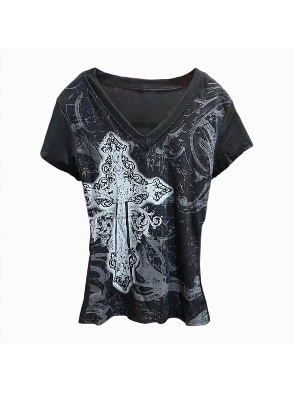 Grunge Shirts Emo Clothes Teen Girls Vintage Graphic Tee Y2k 2000s Goth Top Women Mcbling Short Sleeve Streetwear