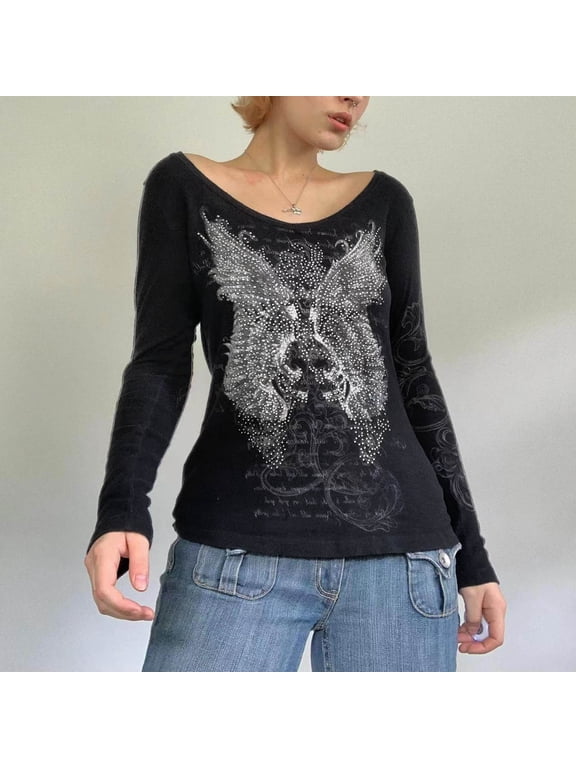Grunge Shirts Emo Clothes Women Vintage Graphic Tee Y2k 2000s Goth Tops (Black L)