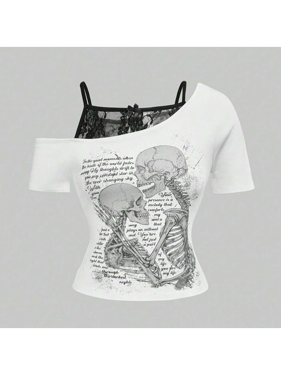 Grunge Shirts Women 2000s Cold Shoulder Graphic Baby Tees Two Piece Short Sleeve Vintage Y2k Crop Top Goth Alt T-Shirts White M