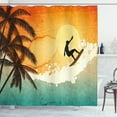 thumbnail image 1 of Grunge Shower Curtain, Illustration of Tropical Island Surfer on Sea Waves and Palms at Sunset, Fabric Bathroom Set with Hooks, 69W X 70L Inches, Orange Turquoise Black, by Ambesonne, 1 of 2