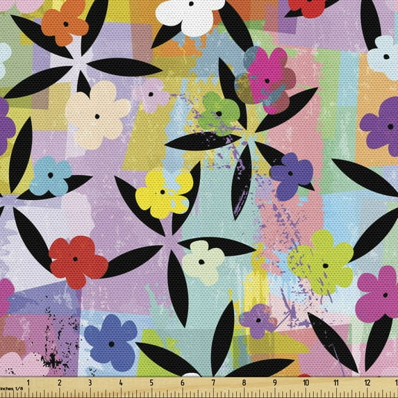 Grunge Sofa Upholstery Fabric by the Yard, Repetitive Pattern of Weathered Flowers Ornament on Geometric Concept Background, Decorative Fabric for DIY and Home Accents, Multicolor by Ambesonne
