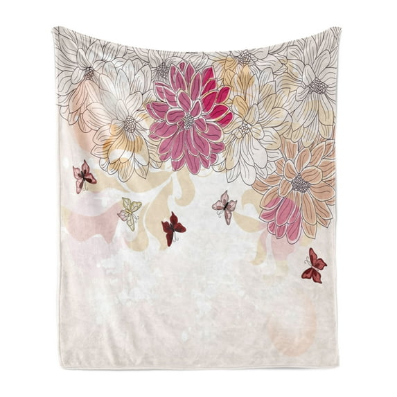 Grunge Soft Flannel Fleece Blanket, Baby Pink Petals Spring Composition with Flowers and Butterflies Vintage Style Print, Cozy Plush for Indoor and Outdoor Use, 50" x 60", Pink Cream, by Ambesonne