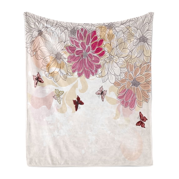 Grunge Soft Flannel Fleece Blanket, Baby Pink Petals Spring Composition with Flowers and Butterflies Vintage Style Print, Cozy Plush for Indoor and Outdoor Use, 70" x 90", Pink Cream, by Ambesonne