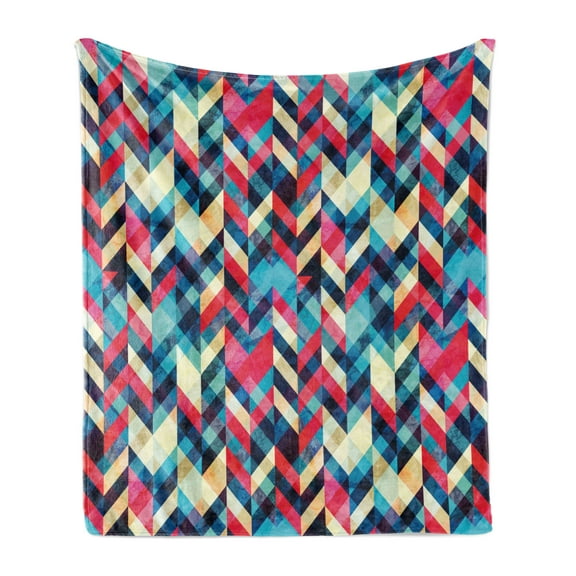 Grunge Soft Flannel Fleece Blanket, Hipster Zigzag Herringbone Retro Style Pattern Chevron Triangles with Grunge Effect, Cozy Plush for Indoor and Outdoor Use, 50" x 60", Multicolor, by Ambesonne