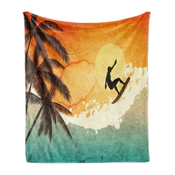 Grunge Soft Flannel Fleece Blanket, Illustration of Tropical Island Surfer on Sea Waves and Palms at Sunset, Cozy Plush for Indoor and Outdoor Use, 60" x 80", Orange Turquoise Black, by Ambesonne