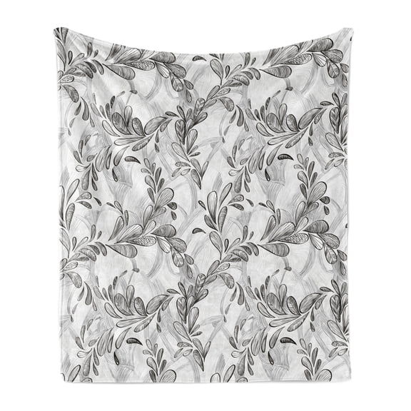 Grunge Soft Flannel Fleece Blanket, Monochrome Line Art Style Leaves Natural Floral Pattern Sketchy Modern Design, Cozy Plush for Indoor and Outdoor Use, 50" x 60", Black Grey White, by Ambesonne