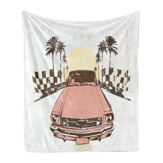 Grunge Soft Flannel Fleece Blanket, Old Fashioned Car Auto Sport Checkers Palms Sun Retro Road Racing Speed, Cozy Plush for Indoor and Outdoor Use, 50" x 70", Coral Mint Green Yellow, by Ambesonne