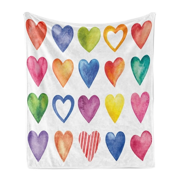 Grunge Soft Flannel Fleece Blanket, Rainbow Color Heart Shapes Valentine's Day Design Romantic His and Hers Theme, Cozy Plush for Indoor and Outdoor Use, 60" x 80", Red Blue Yellow, by Ambesonne