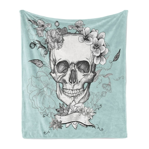 Grunge Soft Flannel Fleece Blanket, Skull and Flowers Day of the Dead Mexican Traditional Celebration Symbolic Art, Cozy Plush for Indoor and Outdoor Use, 50" x 70", Turquoise White, by Ambesonne