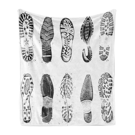 Grunge Soft Flannel Fleece Blanket, Various Shoe Tracks Design Human Foot Damaged Murky Artisan Walking Action Image, Cozy Plush for Indoor and Outdoor Use, 50" x 70", Grey and White, by Ambesonne