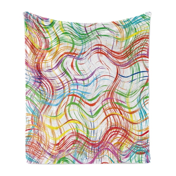 Grunge Soft Flannel Fleece Blanket, Wavy Thin Stripes Colorful Pattern Retro Geometric Elements Grid with Curved Lines, Cozy Plush for Indoor and Outdoor Use, 60" x 80", Multicolor, by Ambesonne