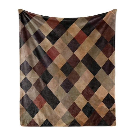 Grunge Soft Flannel Fleece Throw Blanket, Antique Looking Checkered Pattern in Brown Tones Vintage Grid Aged Display, Cozy Plush for Indoor and Outdoor Use, 70" x 90", Multicolor, by Ambesonne