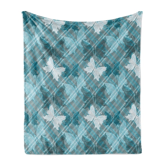 Grunge Soft Flannel Fleece Throw Blanket, Butterflies Pattern Checkered Backdrop Animal Spring Season Inspirations, Cozy Plush for Indoor and Outdoor Use, 60" x 80", Pale Blue Teal Grey, by Ambesonne