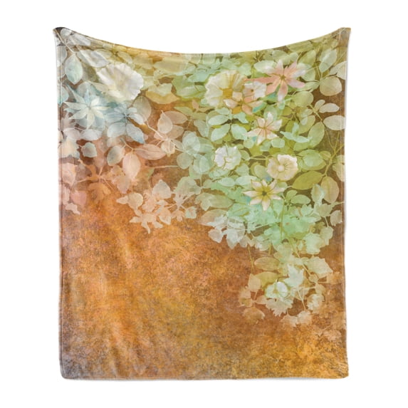 Grunge Soft Flannel Fleece Throw Blanket, Flowers and Leaves Vintage Painting on Blur Paper Background Floral Art Print, Cozy Plush for Indoor and Outdoor Use, 60" x 80", Green Mustard, by Ambesonne