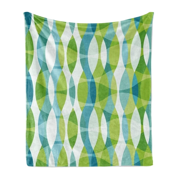 Grunge Soft Flannel Fleece Throw Blanket, Geometric Oval Shapes Elliptic Vertical Curves Nature Theme Pattern, Cozy Plush for Indoor and Outdoor Use, 60" x 80", Apple Green Turquoise, by Ambesonne