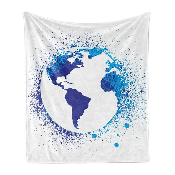 Grunge Soft Flannel Fleece Throw Blanket, Globe with Ink Splatter Illustration Color Splashes All over World Map Continents, Cozy Plush for Indoor and Outdoor Use, 60" x 80", Blue White, by Ambesonne
