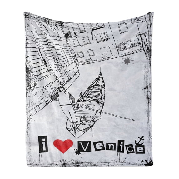 Grunge Soft Flannel Fleece Throw Blanket, Gondola Silhouette on Venetian Canal with I Love Venice Frame Illustration, Cozy Plush for Indoor and Outdoor Use, 50" x 60", Red Black White, by Ambesonne