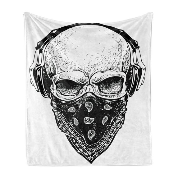 Grunge Soft Flannel Fleece Throw Blanket, Gothic Skull with Bandanna and Headphones Musical Dead Man Illustration, Cozy Plush for Indoor and Outdoor Use, 50" x 70", Pale Grey Black, by Ambesonne