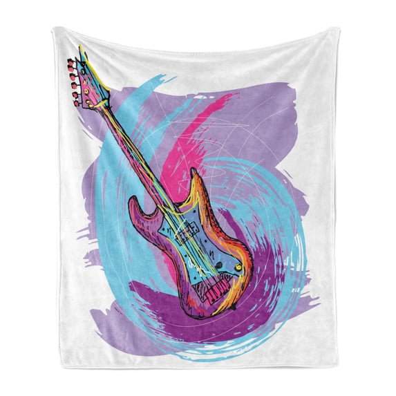 Grunge Soft Flannel Fleece Throw Blanket, Hand Drawn Electric Guitar with Motley Curved Grunge Effects Modern Music, Cozy Plush for Indoor and Outdoor Use, 70" x 90", Pink Purple Blue, by Ambesonne