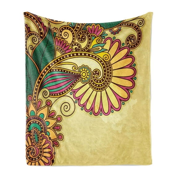 Grunge Soft Flannel Fleece Throw Blanket, Paisley Flower Leaf Design with Floral Mandala Oriental Pattern Effects, Cozy Plush for Indoor and Outdoor Use, 70" x 90", Multicolor, by Ambesonne