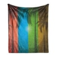 thumbnail image 1 of Grunge Soft Flannel Fleece Throw Blanket, Palm Trees Silhouette on Colorful Vertical Stripes Sunbeams Tropical Boho Style Art, Cozy Plush for Indoor and Outdoor Use, 70" x 90", Red Blue, by Ambesonne, 1 of 5