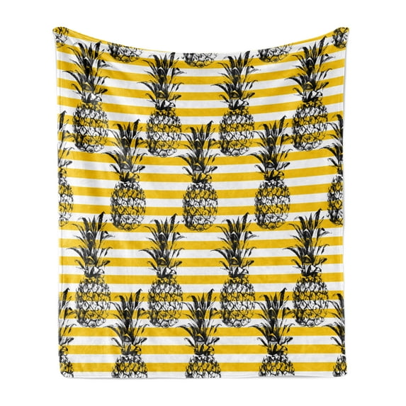 Grunge Soft Flannel Fleece Throw Blanket, Retro Striped Background Pineapple Vintage Hippie Graphic, Cozy Plush for Indoor and Outdoor Use, 50" x 70", Black and Earth Yellow, by Ambesonne
