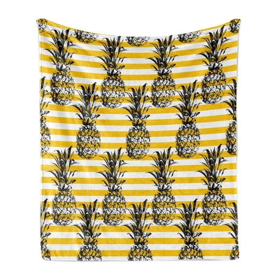 Grunge Soft Flannel Fleece Throw Blanket, Retro Striped Background Pineapple Vintage Hippie Graphic, Cozy Plush for Indoor and Outdoor Use, 70" x 90", Black and Earth Yellow, by Ambesonne