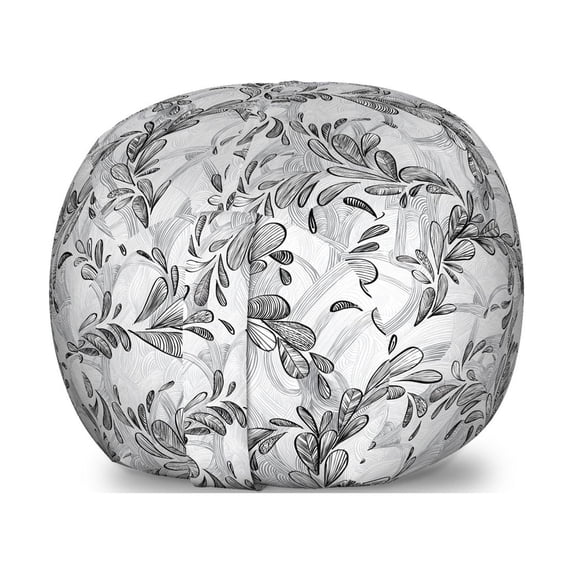 Grunge Storage Toy Bag Chair, Monochrome Line Art Style Leaves Natural Floral Pattern Sketchy Modern Design, Stuffed Animal Organizer Washable Bag, Small Size, White Black Grey, by Ambesonne