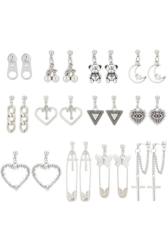 Grunge Stud Earrings 12 Pairs Gothic Style Punk Drop Dangle Earrings Gothic Earrings Cross Stud Earrings Love Heart Evil Eyes Moon Bear Pin Stud Earrings Earrings for Women