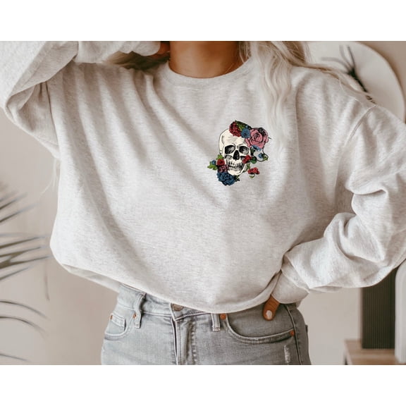 Grunge Sweatshirt, Floral Skull Detail Sweatshirt, Womens Crewneck, Vintage Flower Skull Sweater, Goth Clothing, Grunge Clothing, Boho Shirt TSHIRT All Size S-5XL