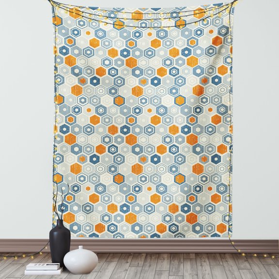 Grunge Tapestry, Bullseye Hexagon Pattern with Worn Out Backdrop Design with Pale Tones, Wall Hanging for Bedroom Living Room Dorm Decor, 40W X 60L Inches, Navy Blue Orange Beige, by Ambesonne