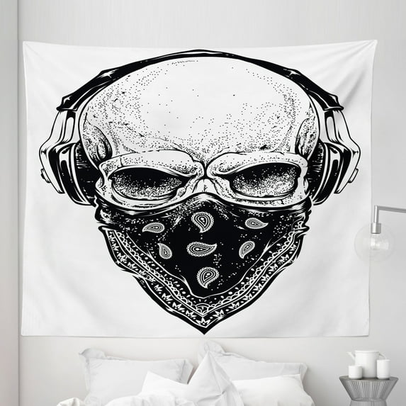 Grunge Tapestry, Gothic Skull with Bandanna and Headphones Musical Dead Man Illustration, Fabric Wall Hanging Decor for Bedroom Living Room Dorm, 5 Sizes, Pale Grey Black, by Ambesonne