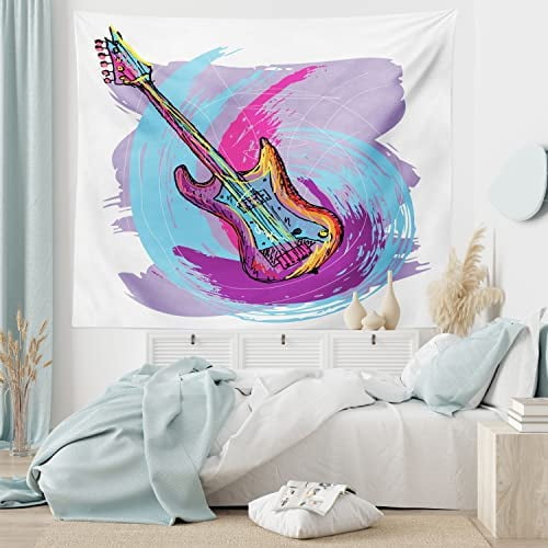 Grunge Tapestry Size, Hand Drawn Electric Guitar With Motley Curved