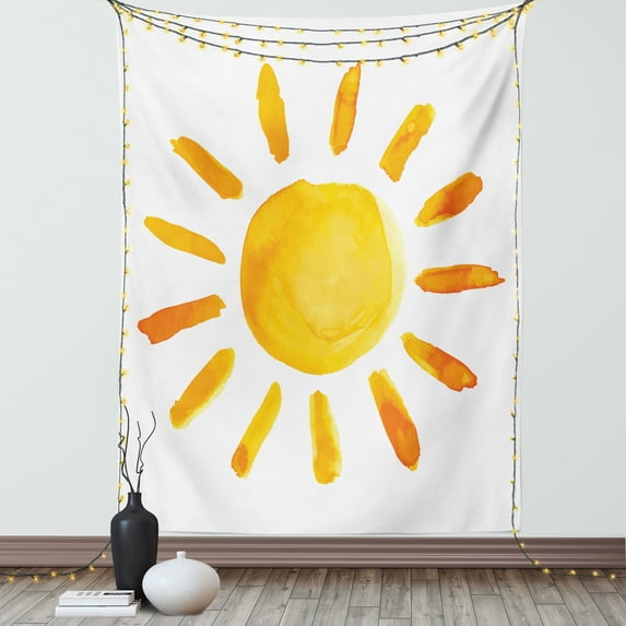 Grunge Tapestry, Sun Illustration Childish Watercolor Brush Painting Style Kids Nursery Playroom Picture, Wall Hanging for Bedroom Living Room Dorm Decor, 40W X 60L Inches, Yellow, by Ambesonne