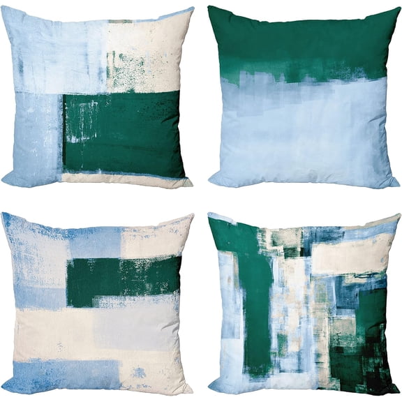 Grunge Throw Pillow Cushion Case Pack of 4, Abstract and Modern Style Brushstroke Ornaments Geometric Squares, Modern Accent Double-Sided Digital Printing, 16", Hunter Green and Baby Blue