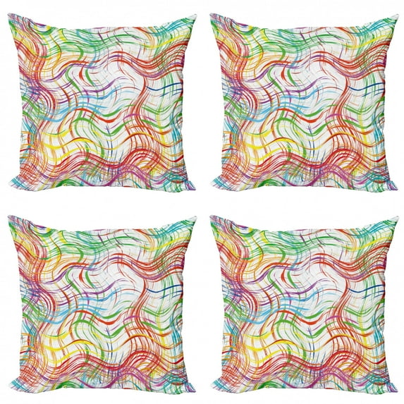 Ambesonne Grunge Throw Pillow Cover 4 Pack, Wavy Colorful Stripes, 20", Multicolor