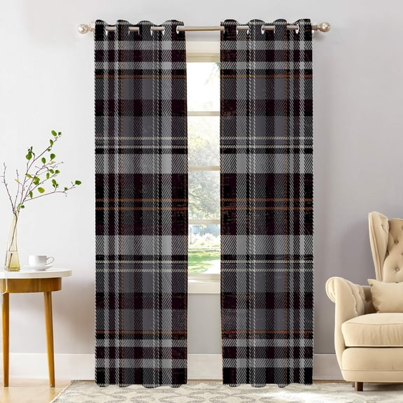 Grunge Vintage Art Plaid Blackout Window Curtains, Tartan Grey Thermal Insulated Curtains Grommet Top Window Drapes for Living Room, Bedroom 26"W x 45"L (Pack of 2)