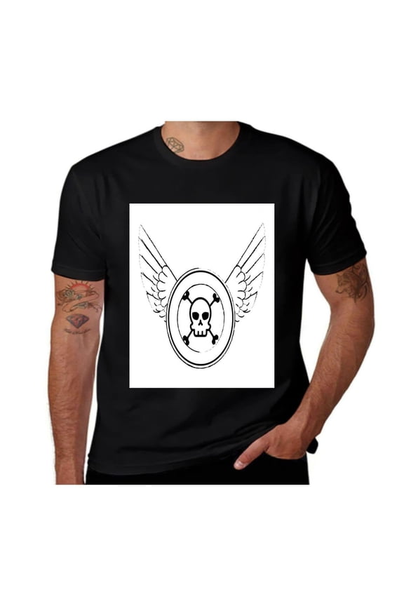 Grungy Stamp with Wings-Skull-White-Black- Casual Streetwea Everyday Tshirt Comfortable Wear tee shirt