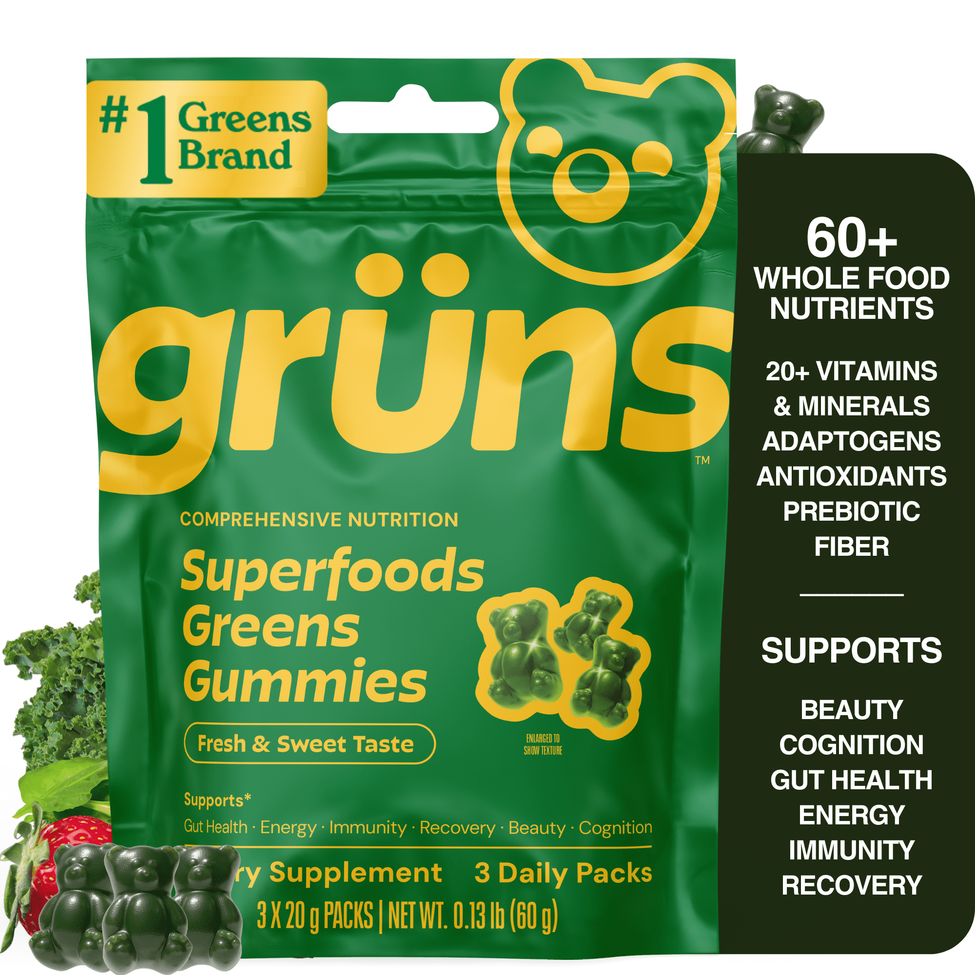 Gruns Adult Superfood Greens Gummies, with 60 Organic Ingred