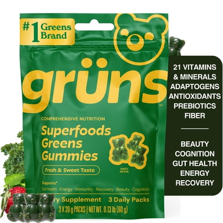 Gruns Adult Superfood Greens Gummies, with 60 Organic Ingredients, 21+ Vitamins & Minerals, Prebiotics and Fiber for Digestion, Adaptogens, Spirulina & Chlorella, 3 Servings