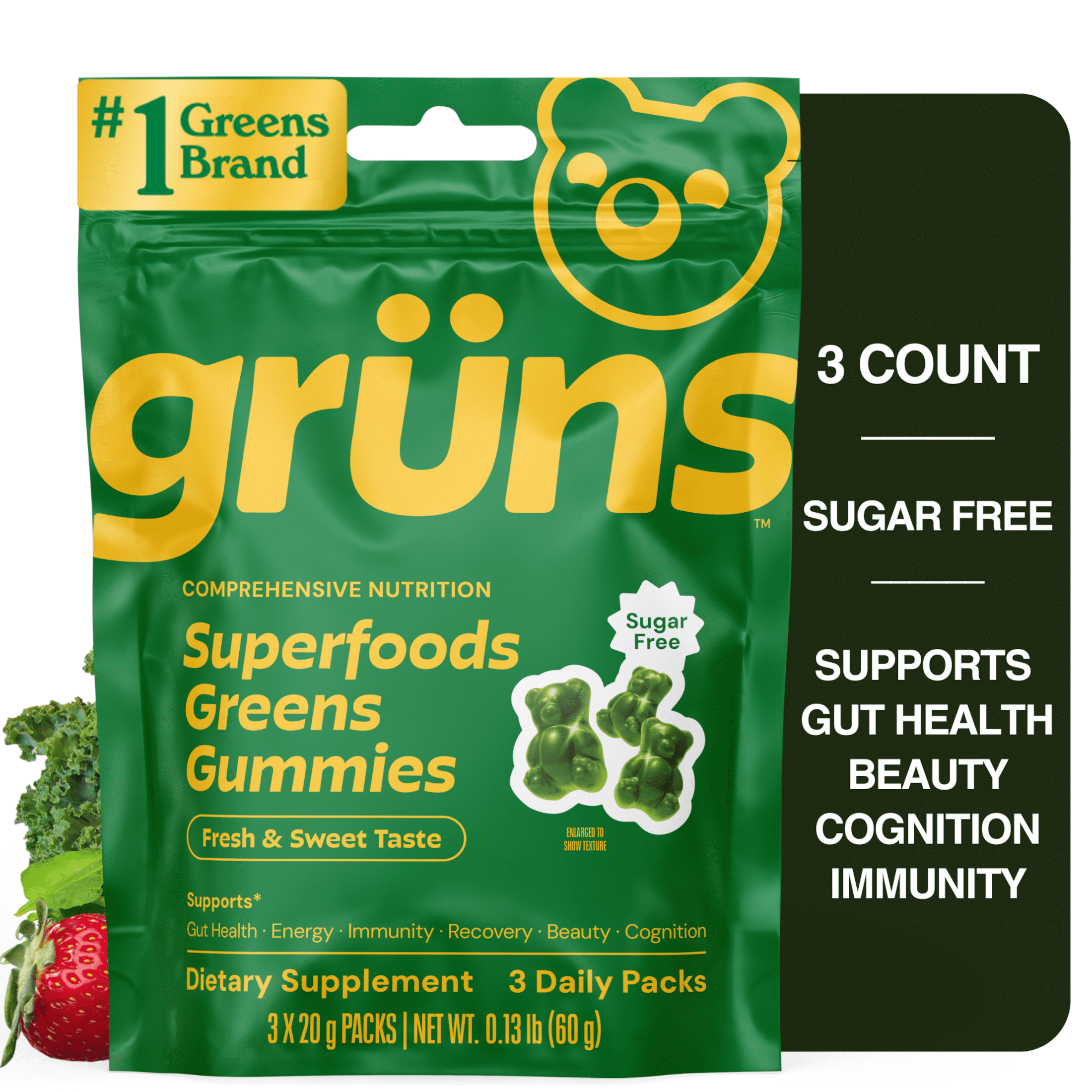 Gruns Sugar Free Superfood Multivitamin Greens Gummies for Adults