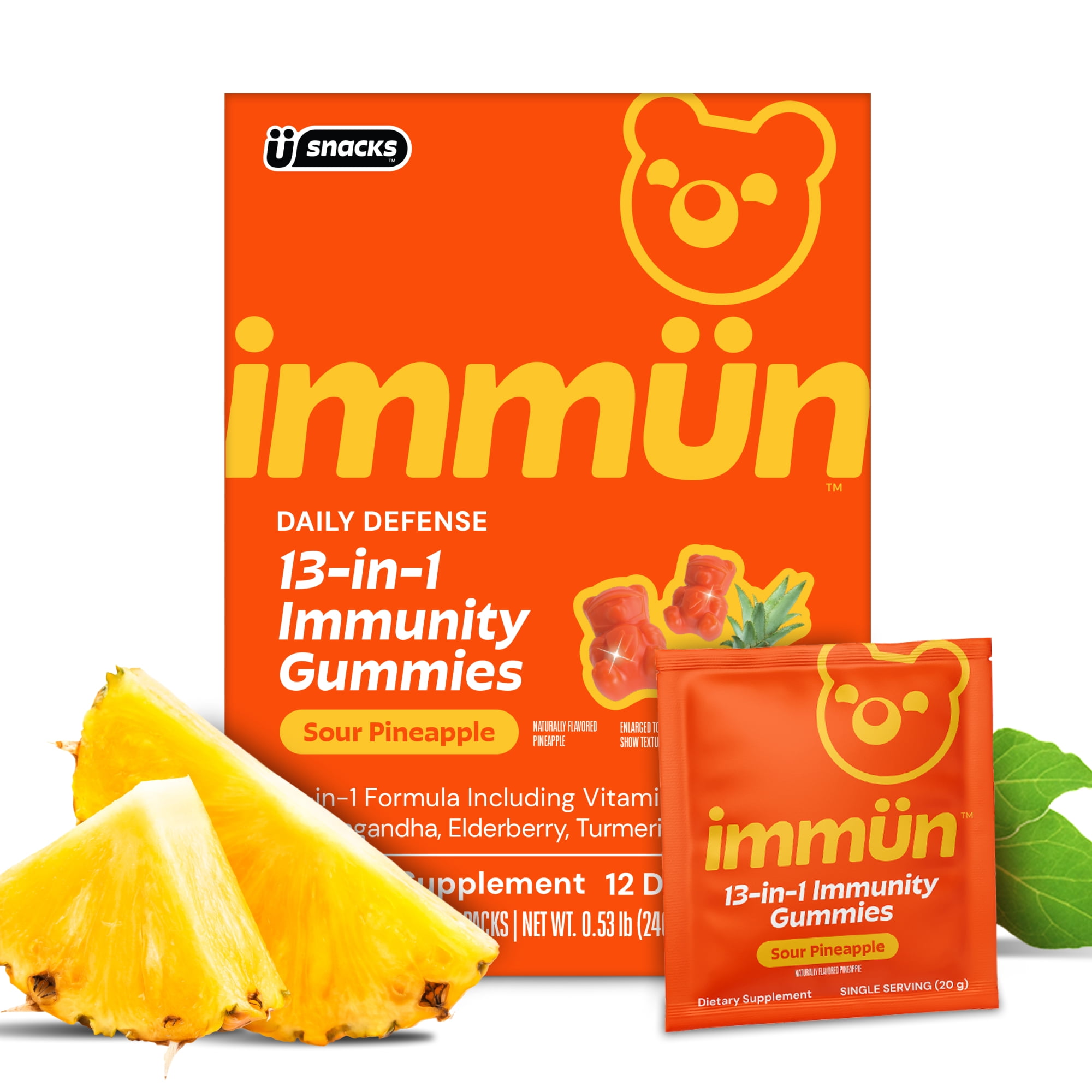 Immun by Gruns Low Sugar Immunity Support Gummies for Adults with Vitamin C, MCT Oil, Ashwagandha, Elderberry, and Zinc, Contains Prebiotic Fiber for Gut Health, 12 Servings