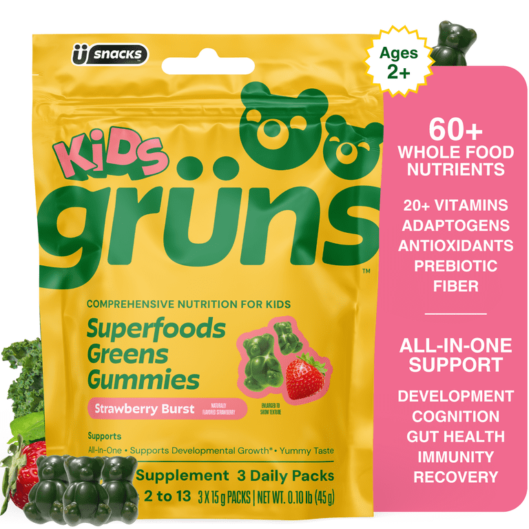 gruns gummies glp 1 (2 pack) Grüns Kids Superfood Greens Gummies, Made with 60 Organic  Ingredients, 20+ Vitamins & Minerals, Prebiotics, Adapotgens, Spirulina &