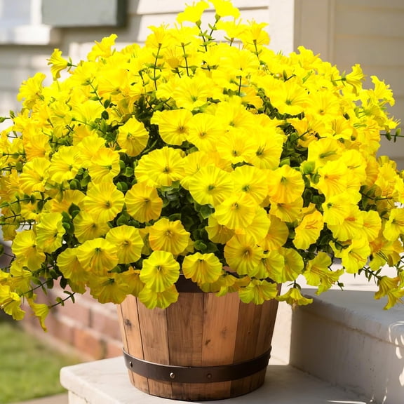 Grunyia Artificial Flowers - 16 Bundles UV Resistant Yellow Faux Silk Plastic Outdoor Fake Plants, Realistic Greenery Foliage for Porch Planter Window Box Garden Indoor Home Decor