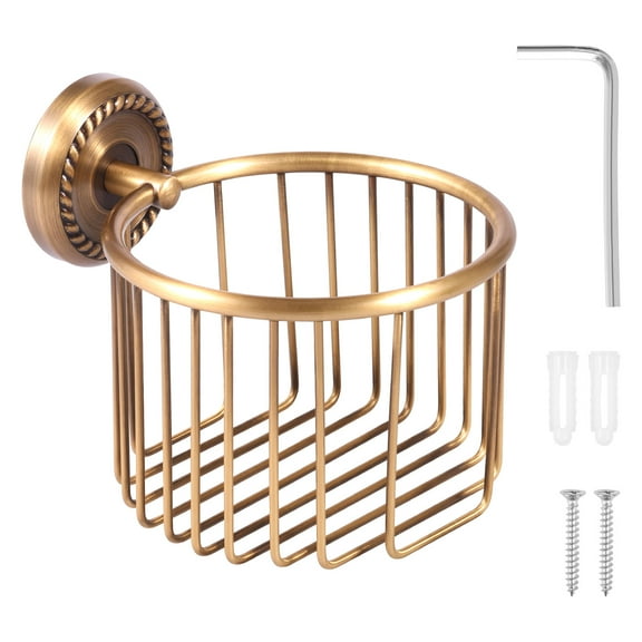 Grusce Toilet Paper Holder Vintage Toilet Roll Holder Wall Mounted Bathroom Roll Tissue Wire Basket for Bathroom Storage Antique Brass
