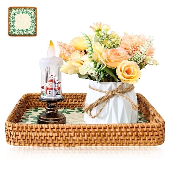 Grusce 10.43 x 10.43 inch Rattan Serving Tray with Mother of Pearl Inlay, Decorative Wicker Tray, Handmade Serving Basket for Coffee, Bread, Fruits, Elegant Table Decor for Living Room & Dining Room