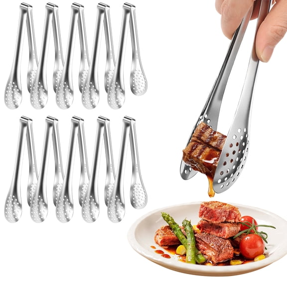 Grusce 10 Pack Serving Tong, 7 Inch Stainless Steel Silver Buffet Tong, Heat Resistant Cooking Clamp Tool for Salad Fish Steak Barbecue Buffet Meat