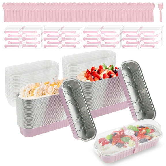 Grusce 100 Pack Mini Loaf Baking Cake Pans with Lids, Rectangle Disposable Aluminum Foil Loaf Baking Pans, Small Baking Cake Tins Cup Cake Containers for Individual Cakes