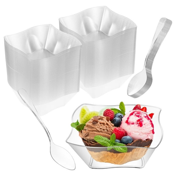 Grusce 100PCS Small Dessert Cup with Spoons, Clear Appetizer Cup, Mini Serving Bowl Elegant Ice Cream Bowl for Appetizer Dessert Fruit