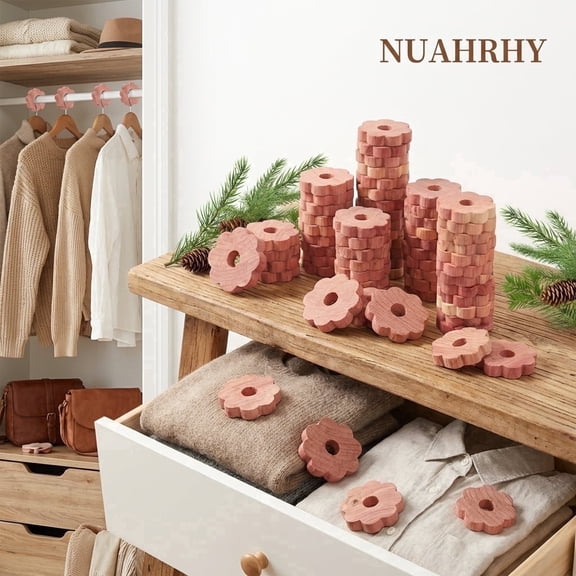 NUAHRHY 100Pcs Cedar Blocks for Clothes Storage, Floral Shape Cedar Block Set, Aromatic Scent Cedar Ring for Wardrobe Drawer Suitcase Shoe Cabinet Closets, Fresh Essentials Chemical-Free
